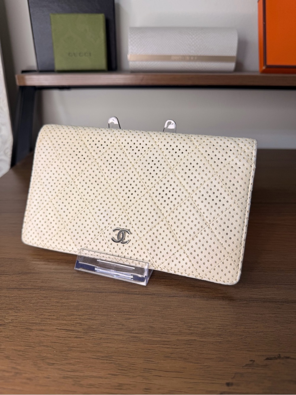 AUTHENTIC - Chanel Cream Quilted Perforated Up in the Air Leather Wallet